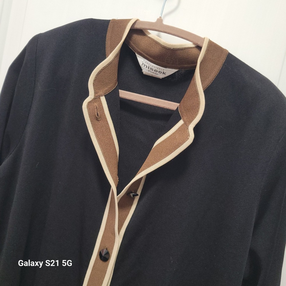 Misook Petite Black Brown Cream Knit Cardigan Button Front Sweater Large L